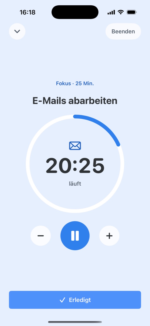 Fokus im Vollbild: „E-Mails abarbeiten“, noch 20 Minuten im Ring