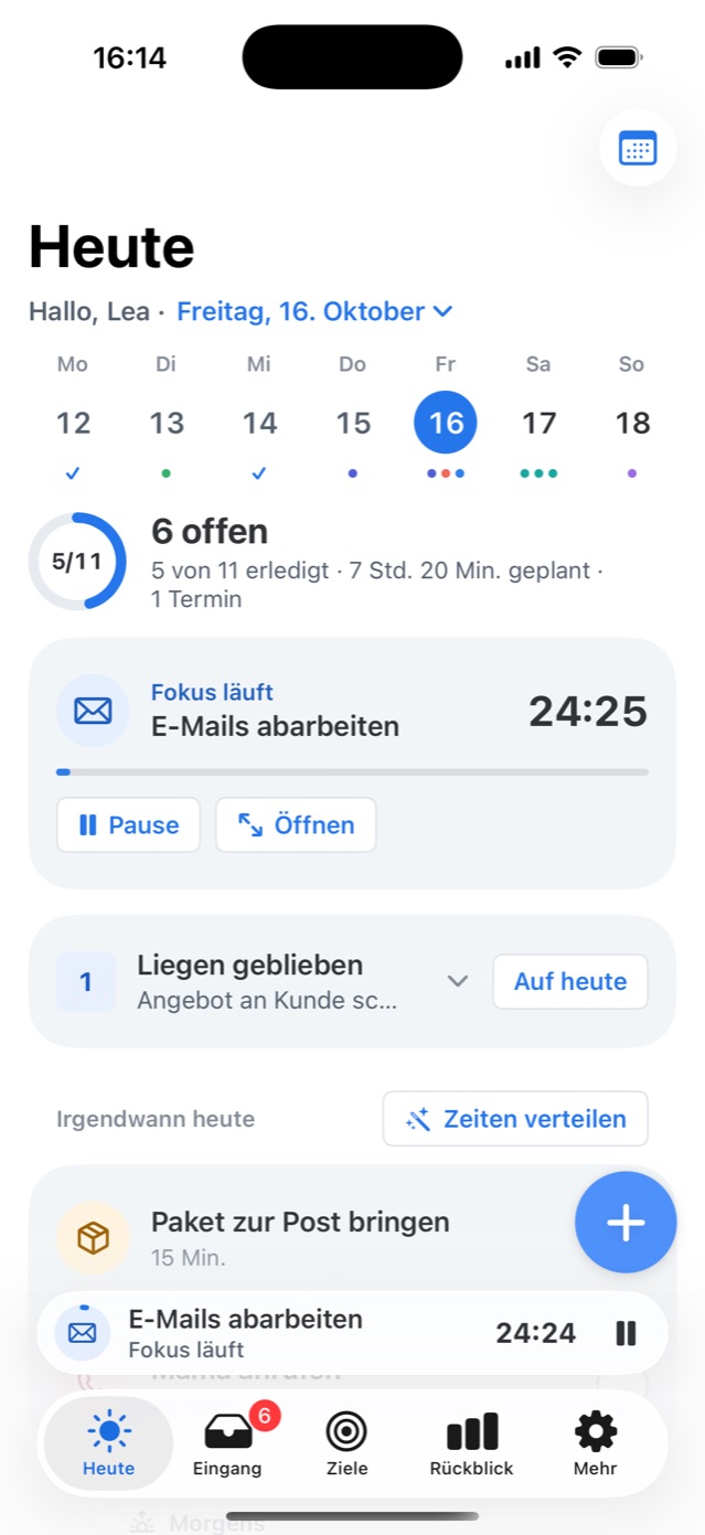Heute in Todoly: Wochenleiste, „6 offen“, der laufende Fokus und die Aufgaben ohne Uhrzeit