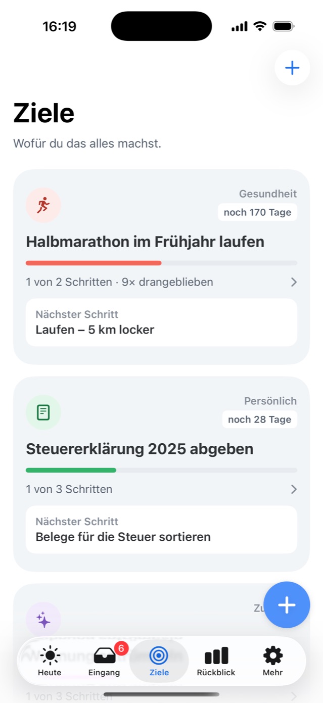 Ziele mit Fortschrittsbalken und dem nächsten Schritt